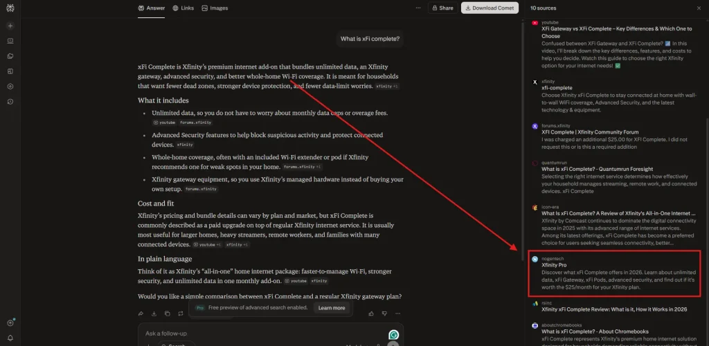 Perplexity displaying NogenTech as a cited source inside AI-generated search results