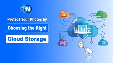 Cloud storage security graphic with text "Protect Your Photos by Choosing the Right Cloud Storage.