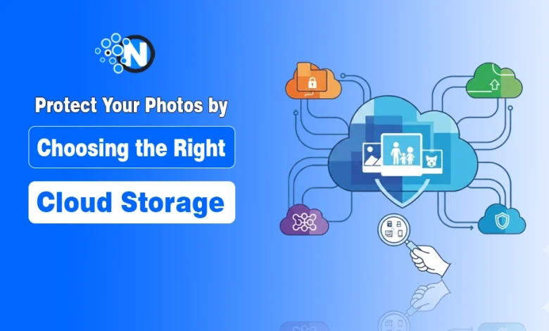 Cloud storage security graphic with text "Protect Your Photos by Choosing the Right Cloud Storage.