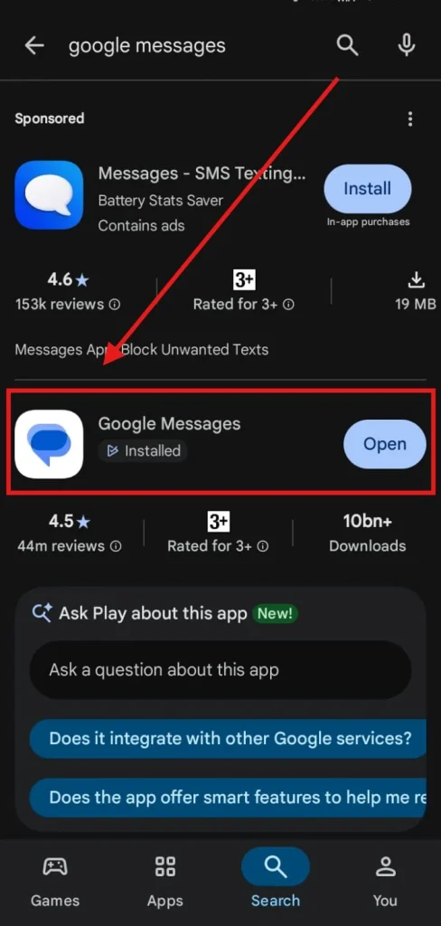 Screenshot of Google Messages app from Play Store by NogenTech