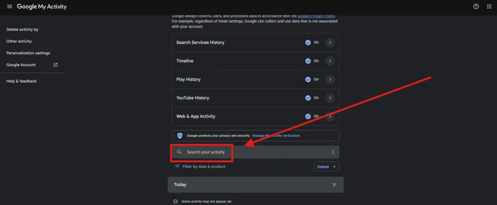 Screenshot of searching your history on Google My Activity