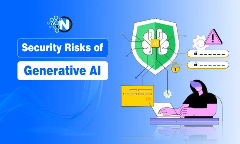 Illustration of generative AI security risks with cybersecurity icons, warning symbols, and AI threat visuals.