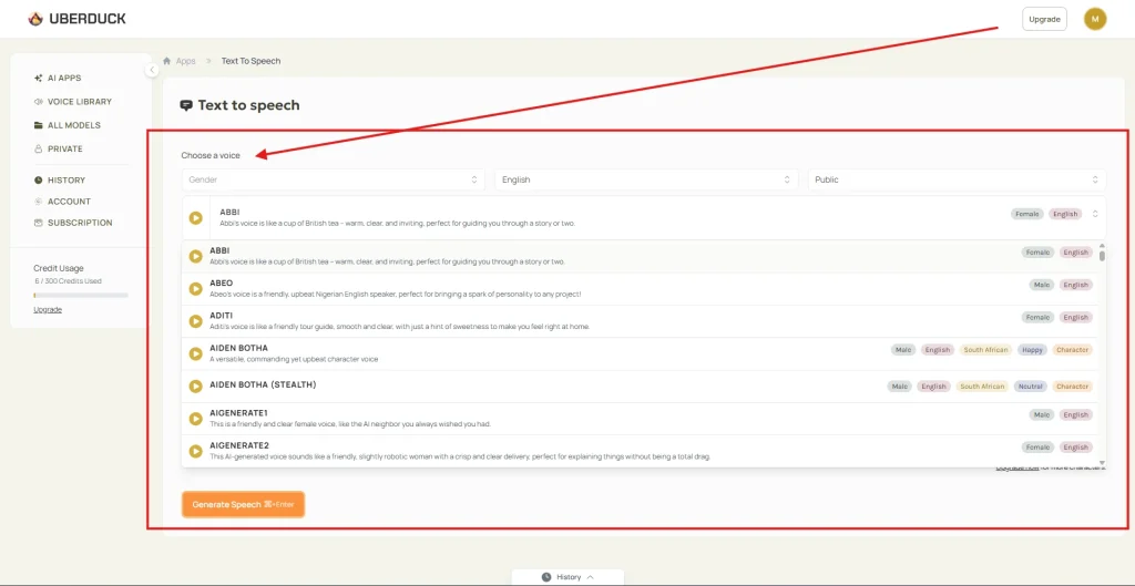 Screenshot of Selecting Voice on Unerduck AI by NogenTech