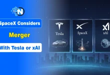 A digital network connecting the logos of SpaceX, Tesla, and xAI.