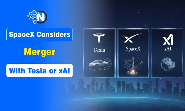 A digital network connecting the logos of SpaceX, Tesla, and xAI.