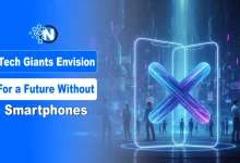 Futuristic AR glasses displaying holographic data in a city, with the text "Tech Giants Envision for a Future Without Smartphones."