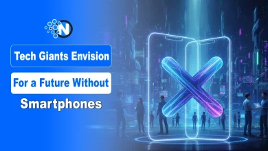 Futuristic AR glasses displaying holographic data in a city, with the text "Tech Giants Envision for a Future Without Smartphones."