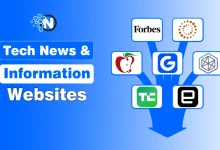 Logos of major tech news and media platforms branching out on a blue background with NogenTech branding.