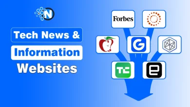 Logos of major tech news and media platforms branching out on a blue background with NogenTech branding.