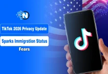 TikTok logo overlaid on a blurred American flag background, representing the 2026 USDS Joint Venture transition and immigration status