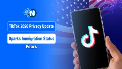 TikTok logo overlaid on a blurred American flag background, representing the 2026 USDS Joint Venture transition and immigration status