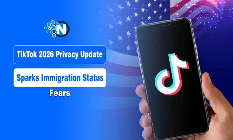 TikTok logo overlaid on a blurred American flag background, representing the 2026 USDS Joint Venture transition and immigration status