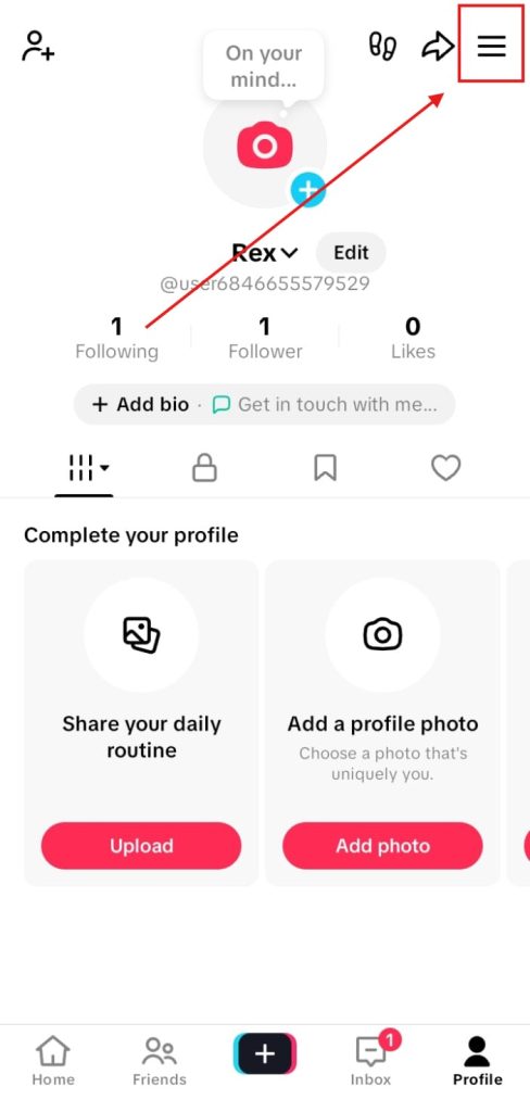 on TikTok Profile Screen clicking on three lines on upper right corner