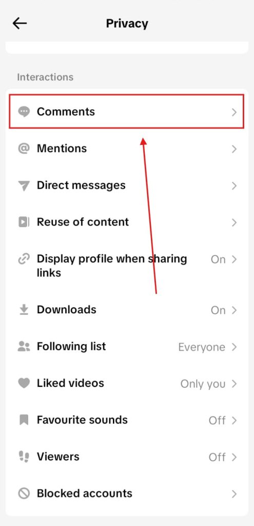TikTok privacy section window visit to turn off comments
