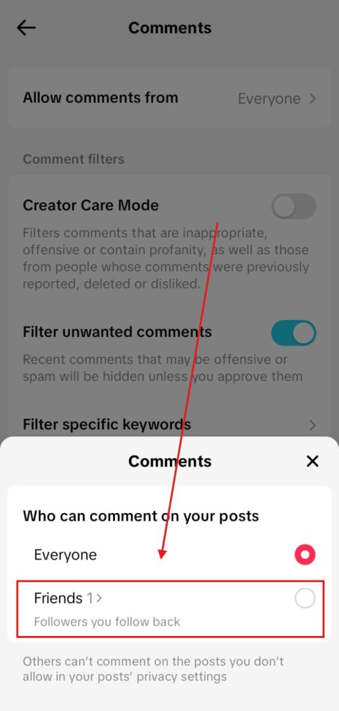 Turning off TikTok comments