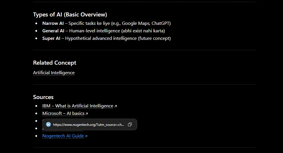 Screenshot of ChatGPT citing NogenTech.org's guide on "What is AI" in a generated response