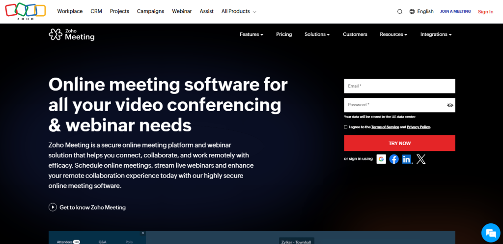 Screenshot from Zoho Meeting website