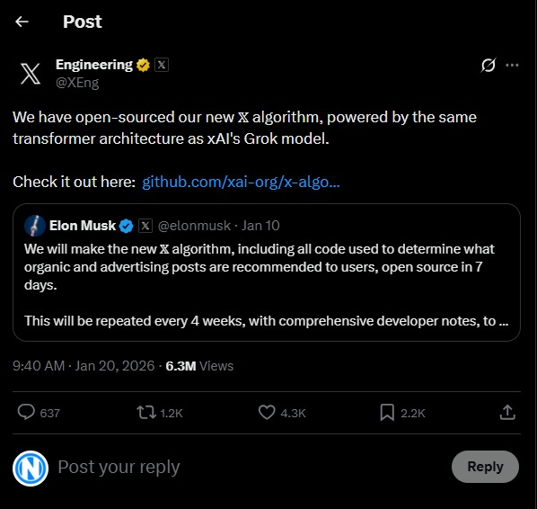 Screenshot of Offical post from x Elon Mask on open source of X Algorithm