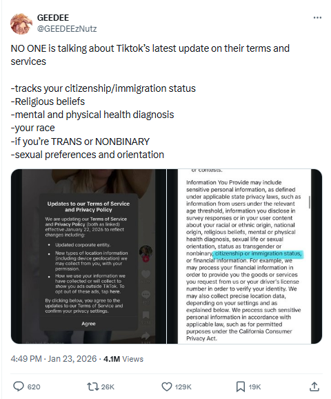 Screenshot captured by nogentech of a X user tweet highlights immigration status clause in tiktok policy