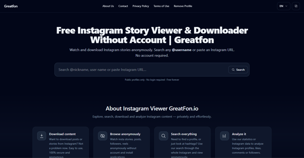 Hompage of GreatFon an anonymous instagram story viewer