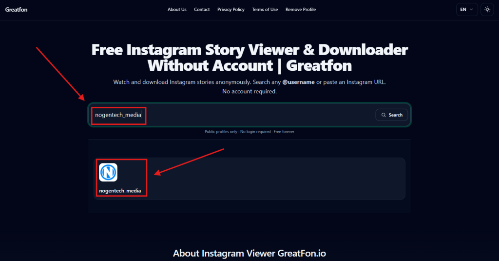 Adding username of instagram profile in GreatFon search bar
