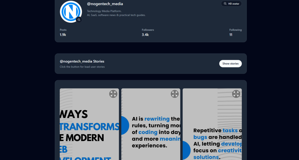 NogenTech instagram profile appears after clicking the search button