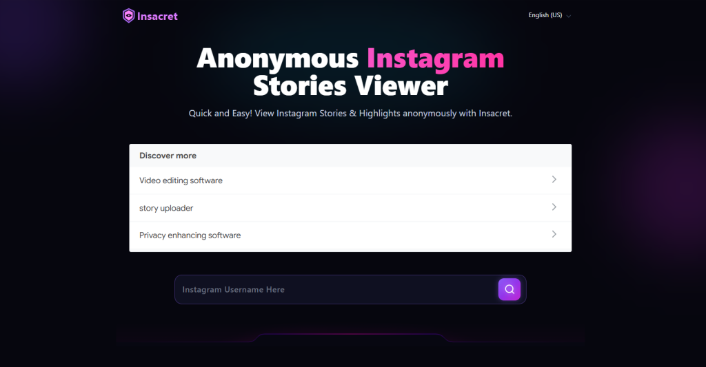 Homepage interface of Insacret an anonymous instagram story viewer