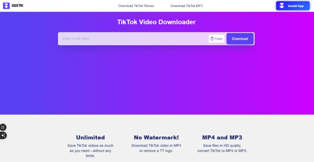 screenshot of SssTik.io official web-platform