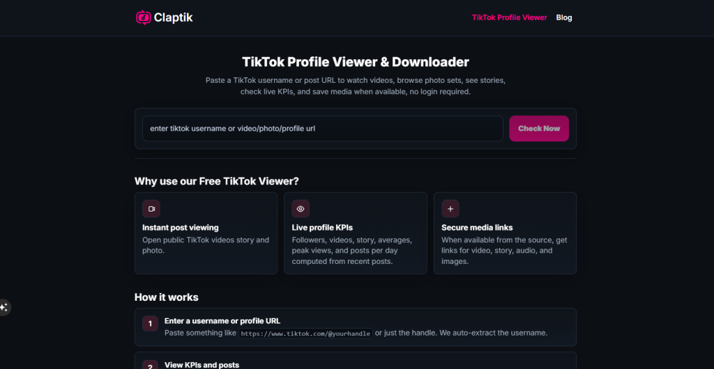 screenshot of claptik tiktok Viewer official web-platform
