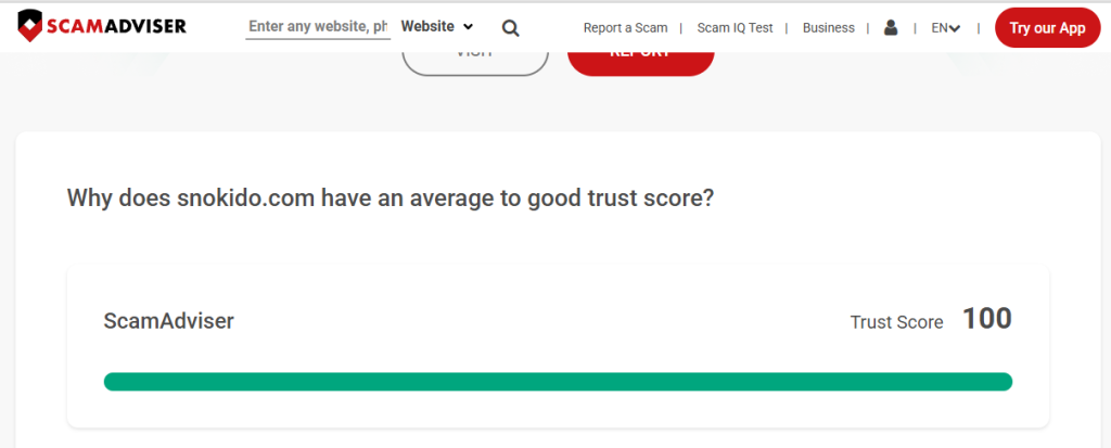 Snokido trust score screenshot on ScamAdviser 