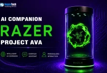 Razer Project AVA AI hologram desk companion with futuristic green holographic display and cyberpunk-themed background.