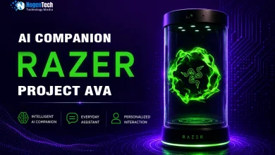 Razer Project AVA AI hologram desk companion with futuristic green holographic display and cyberpunk-themed background.