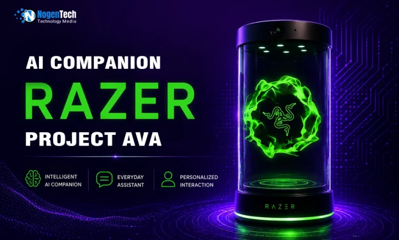 Razer Project AVA AI hologram desk companion with futuristic green holographic display and cyberpunk-themed background.