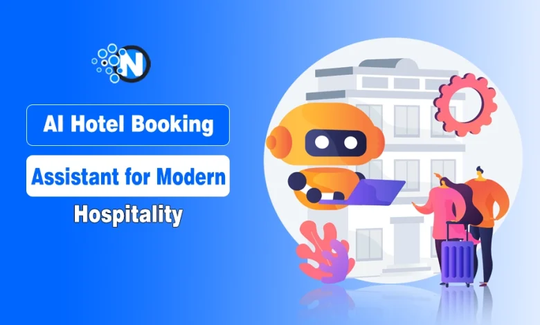 AI robot assistant helping travelers with hotel bookings on a digital hospitality graphic.