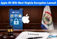 West Virginia state seal and Apple logo with a padlock, featuring text "Apple Hit With West Virginia Encryption Lawsuit."