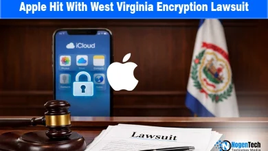 West Virginia state seal and Apple logo with a padlock, featuring text "Apple Hit With West Virginia Encryption Lawsuit."