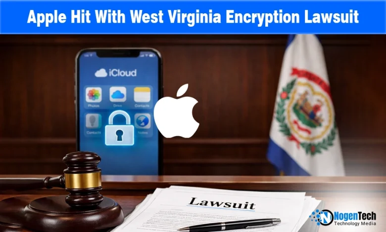 West Virginia state seal and Apple logo with a padlock, featuring text "Apple Hit With West Virginia Encryption Lawsuit."