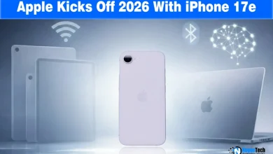 iPhone 17e smartphone design showing Dynamic Island and MagSafe charging ring with 2026 launch text.