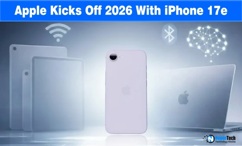 iPhone 17e smartphone design showing Dynamic Island and MagSafe charging ring with 2026 launch text.