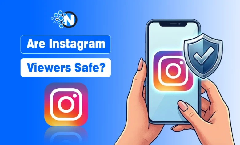 Illustration showing a smartphone displaying the Instagram logo with a security shield icon, alongside text about Instagram viewers and view tracking features. The graphic uses a blue background and social media-themed design elements.
