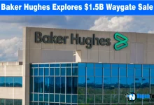 Baker Hughes logo and industrial testing equipment with text "Baker Hughes Weighs $1.5B Waygate Sale.