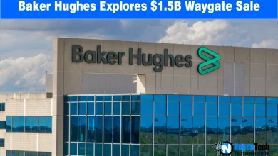 Baker Hughes logo and industrial testing equipment with text "Baker Hughes Weighs $1.5B Waygate Sale.
