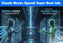 Split-screen showing a satirical AI ad with a product pitch next to the clean, ad-free interface of the Claude AI app in a Super Bowl stadium setting.