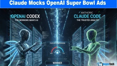 Split-screen showing a satirical AI ad with a product pitch next to the clean, ad-free interface of the Claude AI app in a Super Bowl stadium setting.