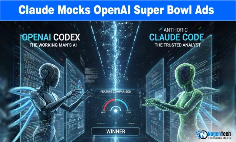 Split-screen showing a satirical AI ad with a product pitch next to the clean, ad-free interface of the Claude AI app in a Super Bowl stadium setting.