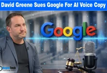 David Greene portrait beside Google logo with "AI Voice Copy" lawsuit text.