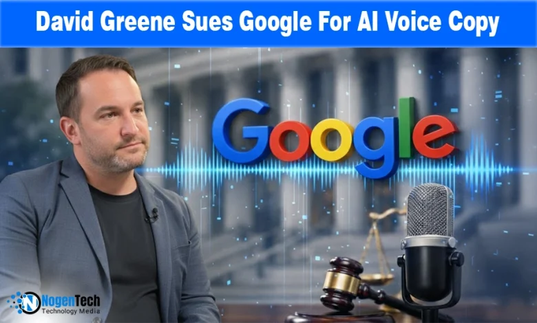 David Greene portrait beside Google logo with "AI Voice Copy" lawsuit text.