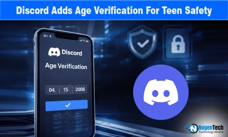 Discord age verification interface with biometric scan prompt and teen safety shield.