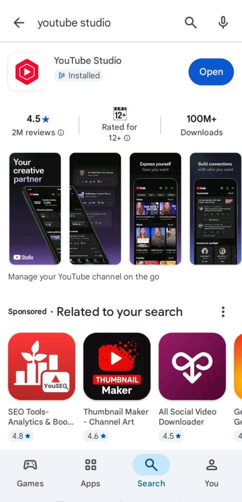 Google Play Store search result showing YouTube Studio app by Google with 4.5 star rating, 2M reviews and 100M plus downloads with Open button visible