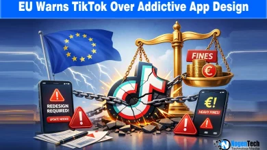 TikTok app on a smartphone with a text overlay about EU addictive design warnings.